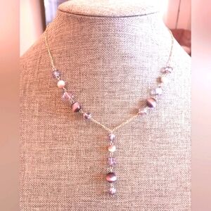 Sterling Silver Necklace Purple Czech Glass and Cat's Eye - New Item (16")